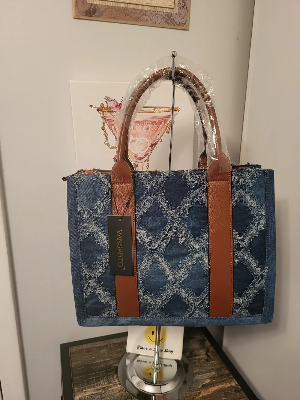 Blue Distressed Denim Tote with Brown Vegan Trim 3 Piece Set  13.5